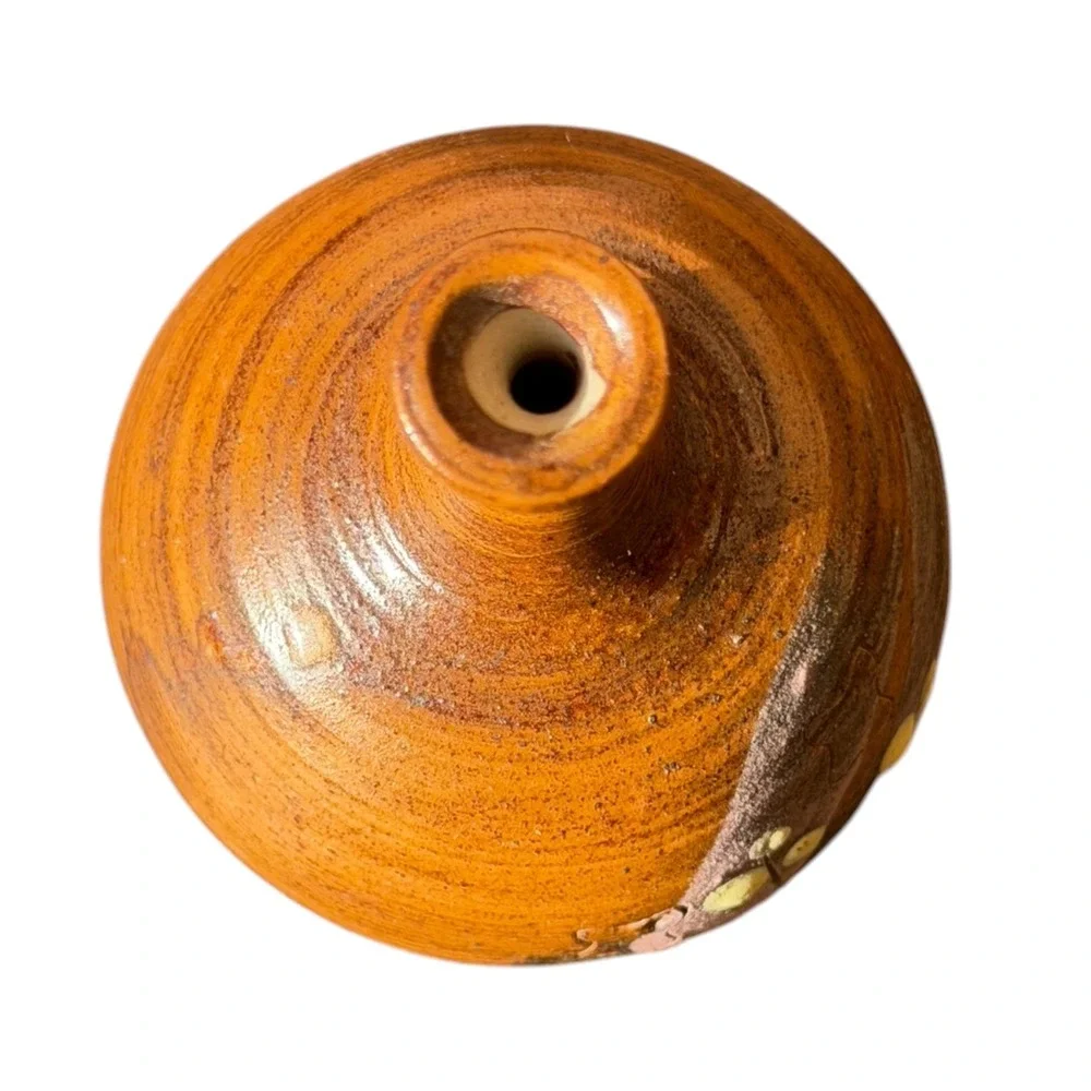 Studio Pottery Bud Vase Hand Painted Floral Brown Glazed Ceramic 3 inch